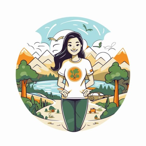 Girl walking on the river. Vector illustration in a flat style.