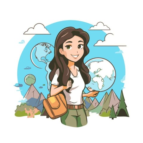 Girl hiker with backpack on the background of mountains. Vector