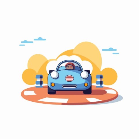 Cute cartoon character driving a car on the road. Vector illustr