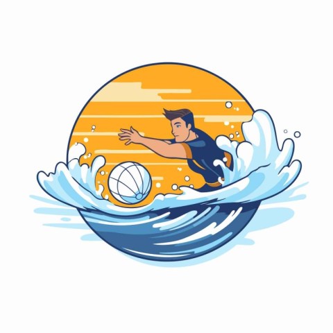 Volleyball player with ball in the waves. Vector illustration.