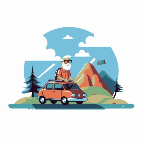 Grandfather traveling by car. Flat vector illustration on white