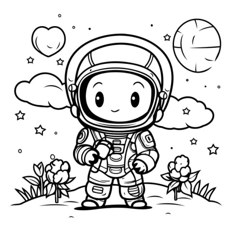 Cartoon astronaut in the field. Black and white vector illustrat