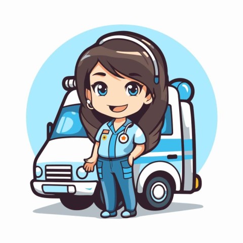 Cartoon girl with ambulance car. Vector illustration on white ba