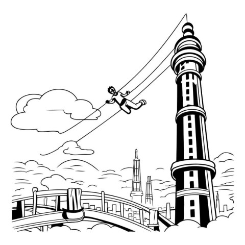 Vector illustration of a man balancing on a rope over the bridge