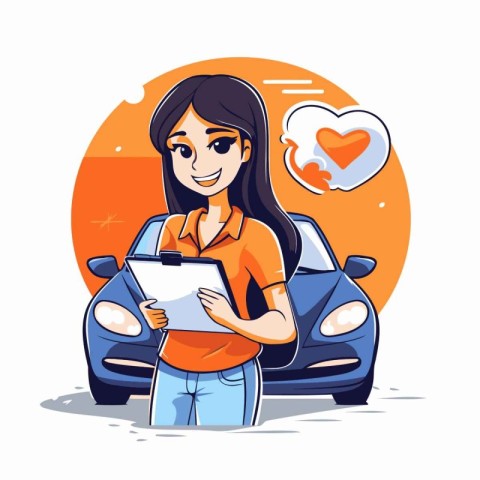 Young woman with clipboard and car. Vector illustration in carto