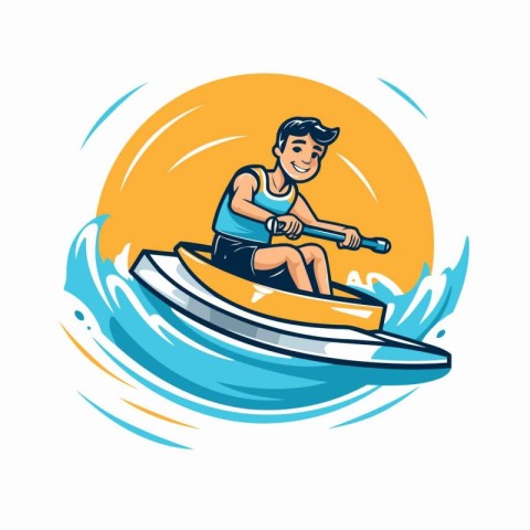 Man rowing on a boat. Vector illustration in cartoon style.