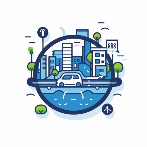 City landscape with river. buildings. road and cars. Vector illu