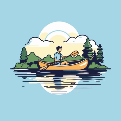 Man in a canoe on the lake. Vector illustration in flat style