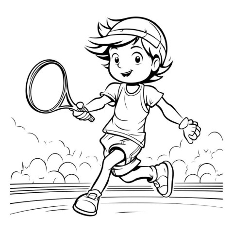 Black and White Cartoon Illustration of a Kid Playing Tennis Col