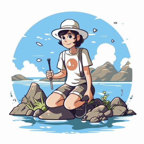 Hiking boy in hat and shorts sitting on the rock. Vector illustr