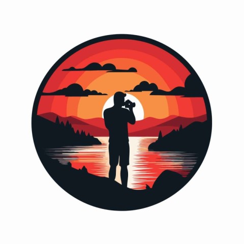 Photographer with a camera on the lake at sunset. Vector illustr