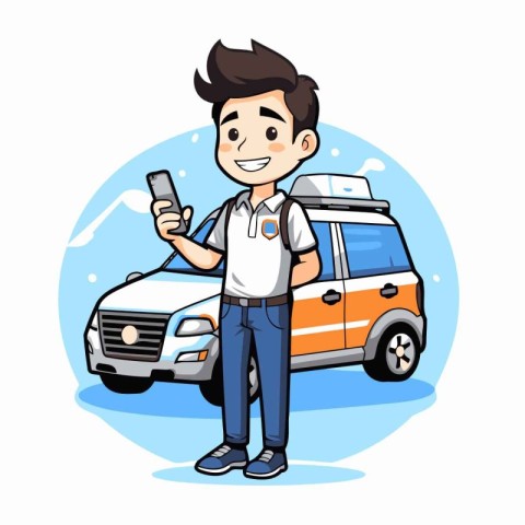 Courier with a smartphone and a taxi. Vector illustration.