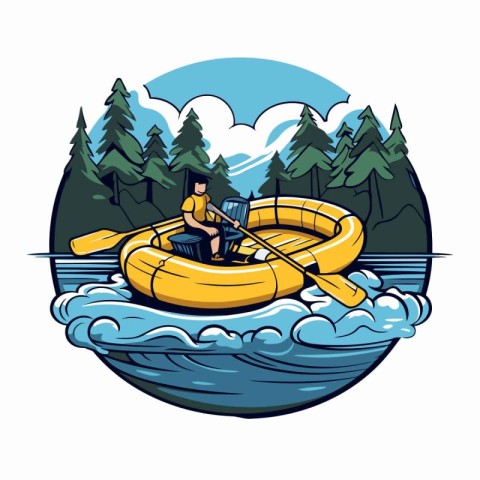 Vector illustration of a woman paddling in an inflatable boat.