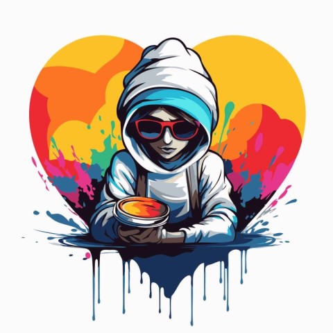 Vector illustration of a boy in a hood and sunglasses holding a