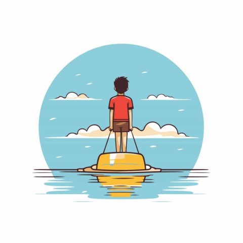 Young man on a boat in the sea. Flat vector illustration.