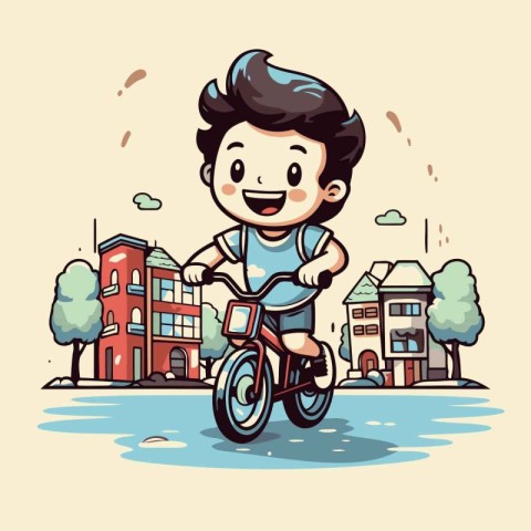 Boy riding a bicycle in the city. Vector illustration of a carto