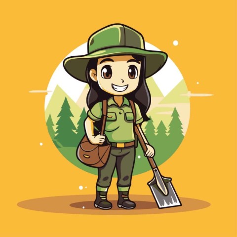 Cute explorer girl with a shovel in a forest. Vector illustratio