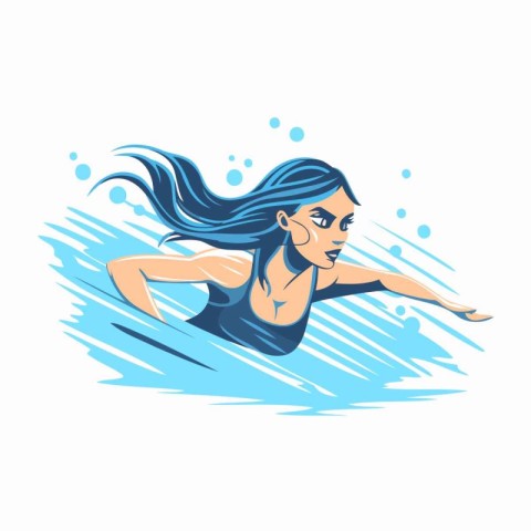 Beautiful girl with long hair swimming in the sea. Vector illust