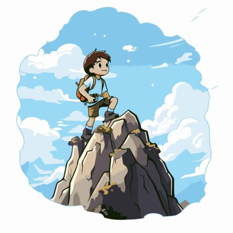 Hiker on the top of a mountain. Vector cartoon illustration.