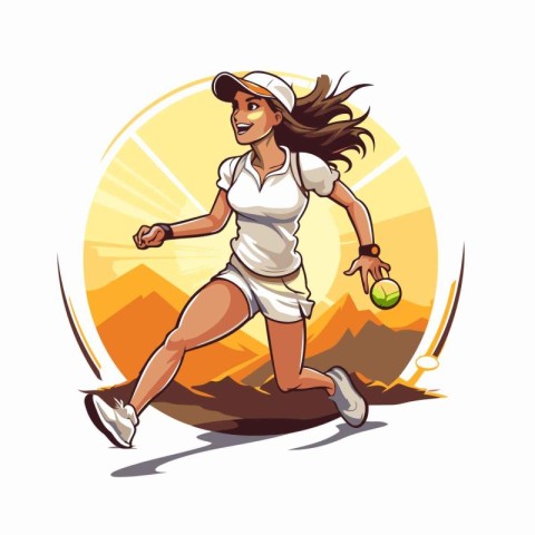 Tennis player woman running with racket and ball. Vector illustr