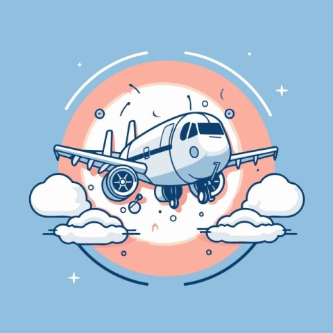 Airplane flying in the sky. Vector illustration in cartoon style