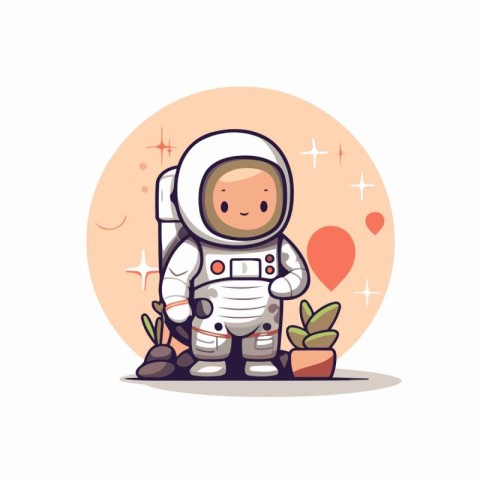 Cute cartoon astronaut in space suit with flowerpot. Vector illu