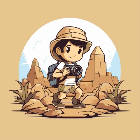 Illustration of a boy with a camera in the desert. Vector illust