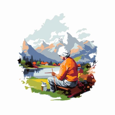 Fisherman sitting on the bank of a mountain lake. Vector illustr