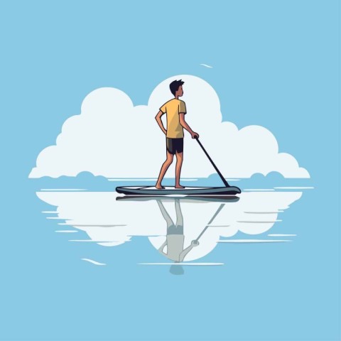 Young man on stand up paddle board. Flat style vector illustrati