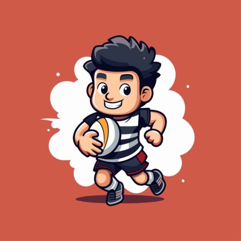 Cartoon rugby player running with ball in his hand. Vector illus