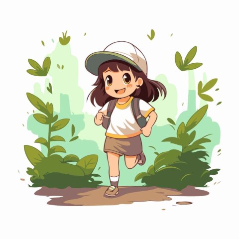 Cute little girl with backpack walking in the park. Vector illus