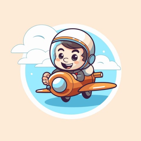 Cute little boy in space suit flying on an airplane. Vector illu