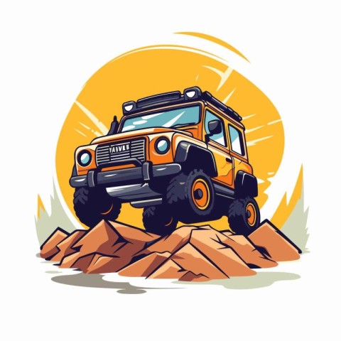 Off-road vehicle in the mountains. Vector illustration in cartoo