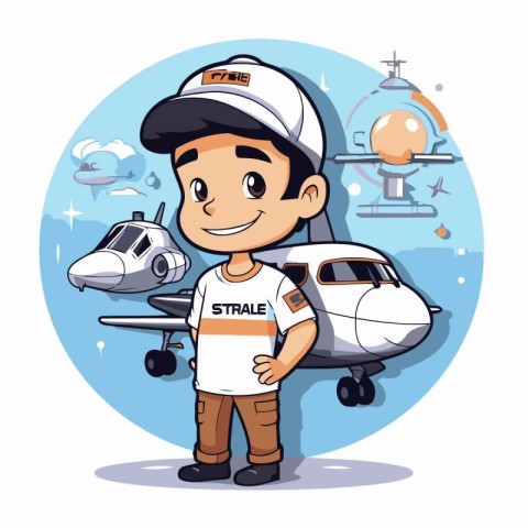 Cartoon pilot with airplane and helicopter. Vector illustration