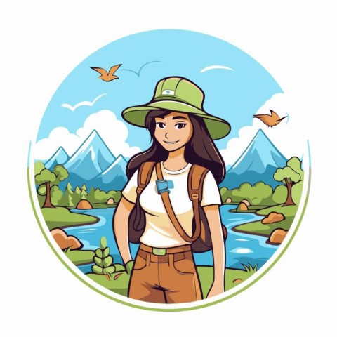 Tourist woman with backpack and hat in nature round icon vector