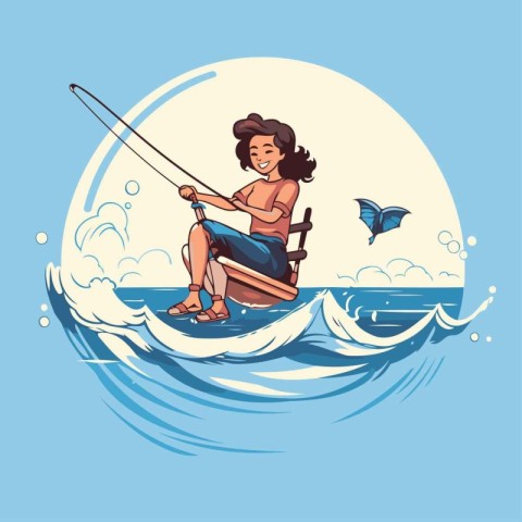 Vector illustration of a girl sitting on a boat with a fishing r