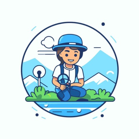 Cute boy sitting on grass and playing video game. Vector illustr