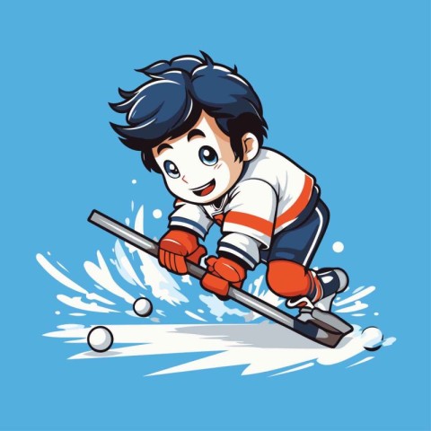 Cartoon boy playing hockey. Vector illustration of a child playi