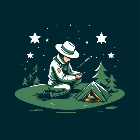 Illustration of a boy camping in the forest. Vector illustration