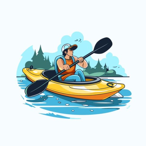 Man in a kayak on the river. Cartoon vector illustration.