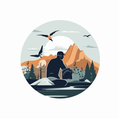 Vector illustration of a man sitting on a rock by the lake with