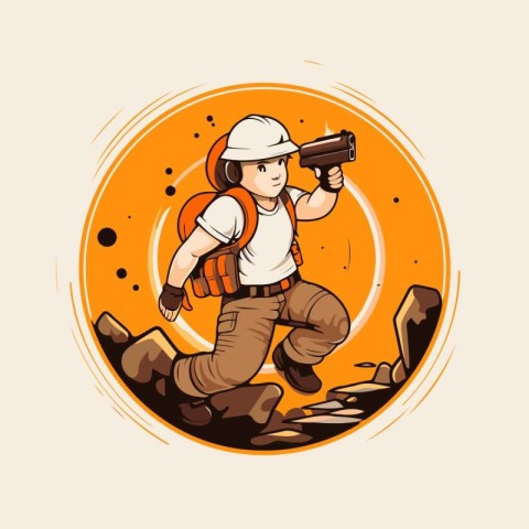 Hiker with a gun in his hand. Vector illustration on a light bac