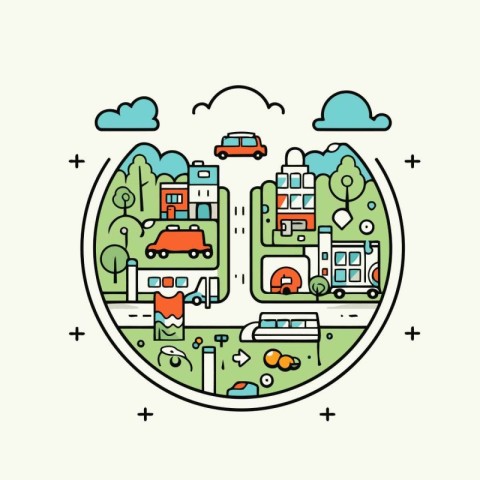 City landscape with cars. houses and trees. Vector illustration