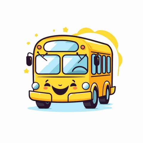 Cute yellow school bus with smiley face. Vector illustration.