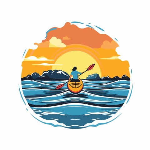 Kayaking on the sea at sunset. Vector illustration in retro styl