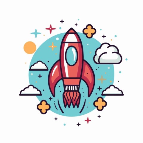 Space rocket. Vector illustration in flat line style on white ba