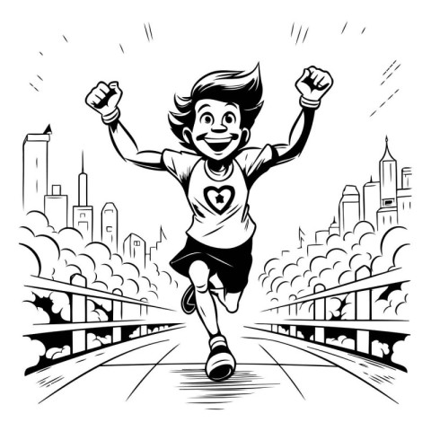 Running boy on a city street. Vector illustration in black and w