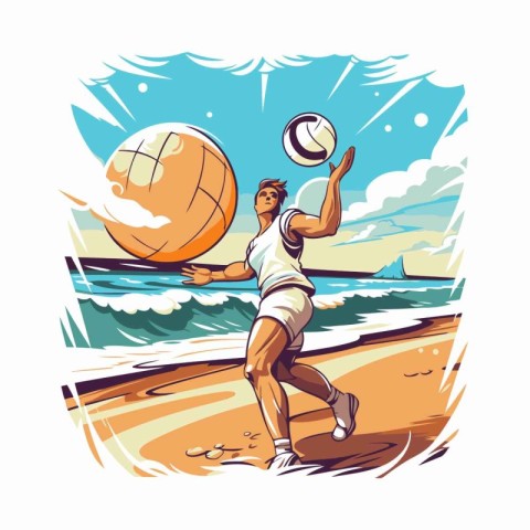 Beach volleyball player on the beach. Hand drawn vector illustra