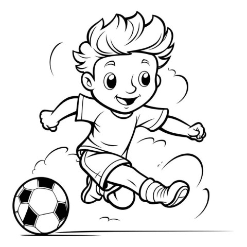 Soccer Boy Running with Ball - Black and White Cartoon Illustrat