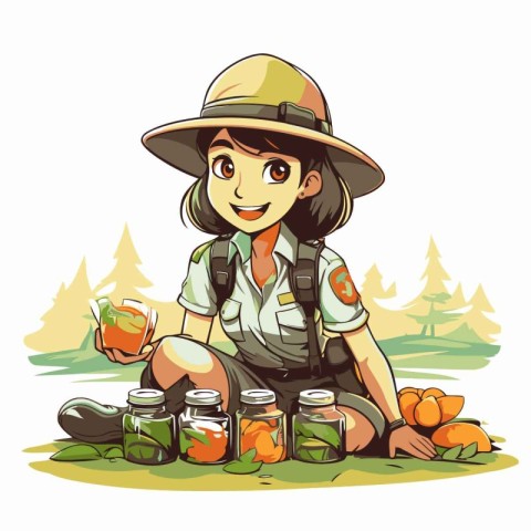 Vector illustration of a girl scout sitting on the grass and hol